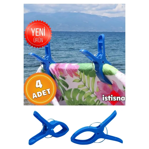 4 Adet Xxl Büyük Boy Şezlong Plaj Havlusu Mandalı Halı Asma Battaniye ve Havlu Tutucu Mandal - Yetişkin - Mavi - Görsel 6