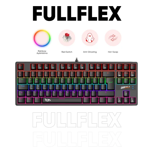 Gameagle Fullflex Mekanik Klavye Gaming Klavye 87 Tuşlu Oyuncu Klavye Hot Swap Kablolu Işıklı Türkçe Q Klavye (Red Switch) - Görsel 7