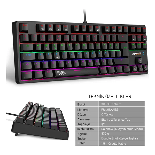 Gameagle Fullflex Mekanik Klavye Gaming Klavye 87 Tuşlu Oyuncu Klavye Hot Swap Kablolu Işıklı Türkçe Q Klavye (Red Switch) - Görsel 2