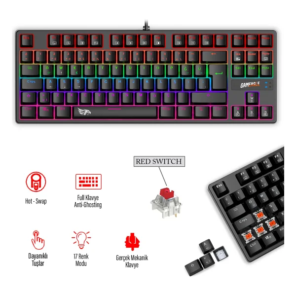 Gameagle Fullflex Mekanik Klavye Gaming Klavye 87 Tuşlu Oyuncu Klavye Hot Swap Kablolu Işıklı Türkçe Q Klavye (Red Switch) - Görsel 5