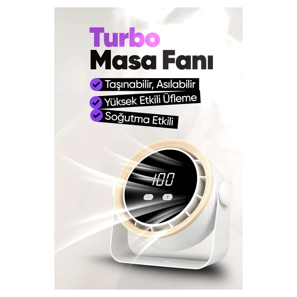 Şarjlı Turbo Masa Fanı Duvara Monte Edilebilir, Turbo Yüksek Üfleme Gücü, 5 Kademe Ayarlanabilir Hız - Beyaz - Görsel 6