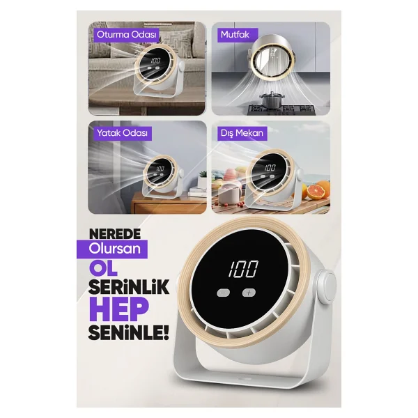Şarjlı Turbo Masa Fanı Duvara Monte Edilebilir, Turbo Yüksek Üfleme Gücü, 5 Kademe Ayarlanabilir Hız - Beyaz - Görsel 2