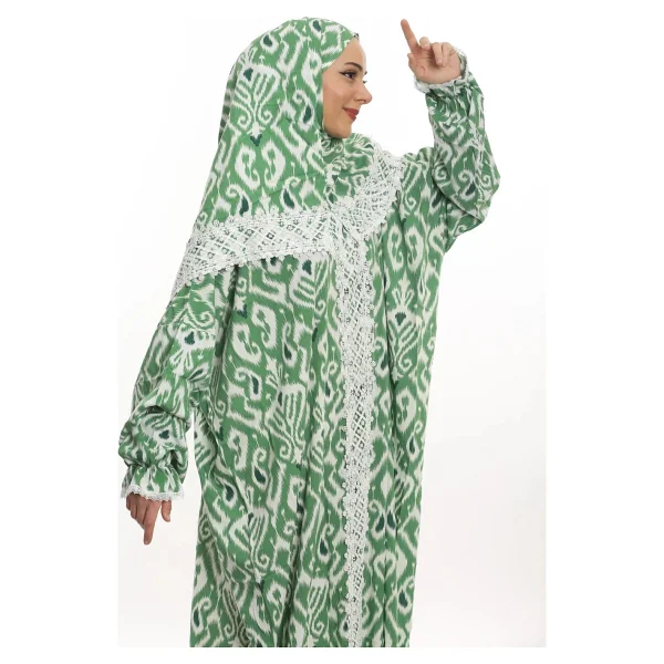 Armiza Tek Parça Pamuklu Dantelli Namaz ve Ümre Elbisesi - Mint Yeşili - Standart - Görsel 3