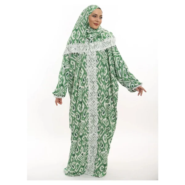 Armiza Tek Parça Pamuklu Dantelli Namaz ve Ümre Elbisesi - Mint Yeşili - Standart - Görsel 4