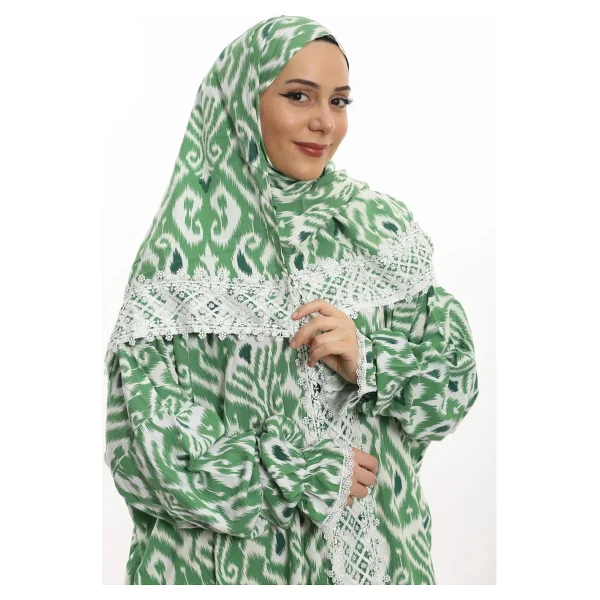 Armiza Tek Parça Pamuklu Dantelli Namaz ve Ümre Elbisesi - Mint Yeşili - Standart - Görsel 5