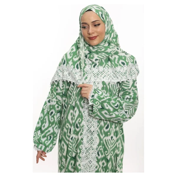 Armiza Tek Parça Pamuklu Dantelli Namaz ve Ümre Elbisesi - Mint Yeşili - Standart - Görsel 6