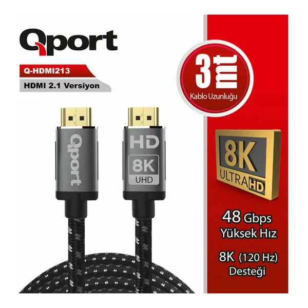 Qport Q-HDMI213 HDMI Kablo 3 MT 2.1V 8K Altın Uçlu Örgülü - Görsel 2