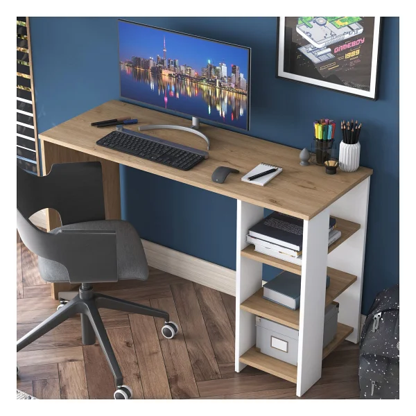 Rani HA108 Raflı Çalışma Ofis Bilgisayar Masası Sepet Ceviz - Beyaz - 120 x 45 x 73,8 Cm - Beyaz - Sepet Ceviz - Görsel 3