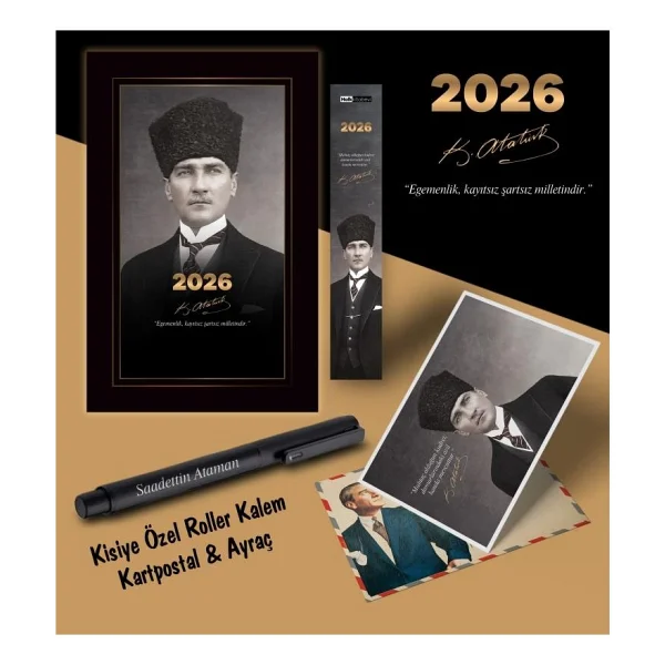 2026 Kalpaklı Atatürk Ajandası Ayraç Kartpostal Kalem - Siyah - Görsel 2
