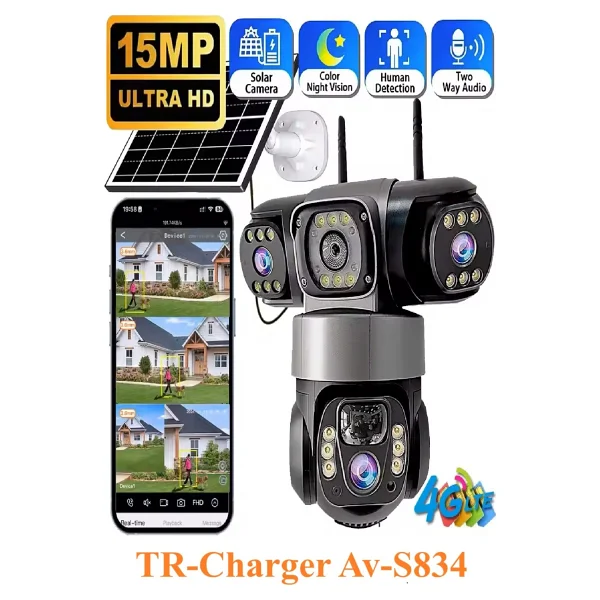 AV-S834 Full Hd 15MP 3 Kameralı 12.000 Mah Solar Panelli Sim Kart ile Çalışan Güvenlik Kamerası - Siyah - Görsel 2