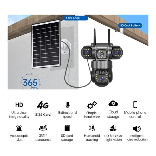 AV-S834 Full Hd 15MP 3 Kameralı 12.000 Mah Solar Panelli Sim Kart ile Çalışan Güvenlik Kamerası - Siyah - Görsel 4