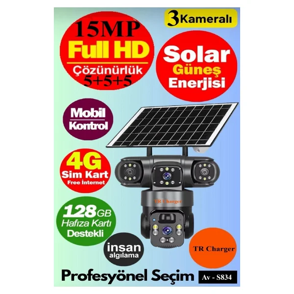 AV-S834 Full Hd 15MP 3 Kameralı 12.000 Mah Solar Panelli Sim Kart ile Çalışan Güvenlik Kamerası - Siyah - Görsel 7