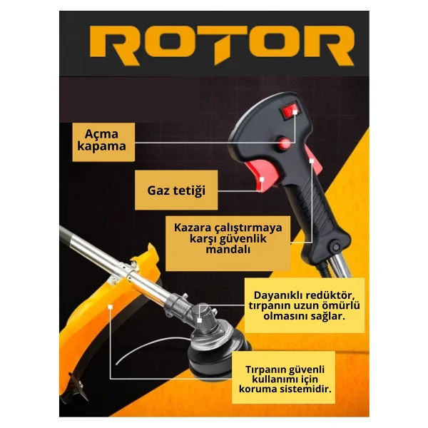 Rotor Profesyonel Yan Tırpan 2.1 HP Benzinli 52 cc, Ot Çalı Çim Biçme Makinası - Görsel 3