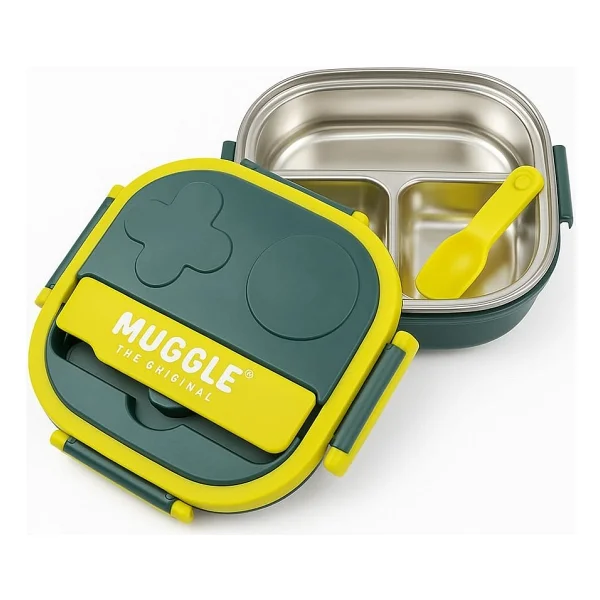 Muggle 500 ml Paslanmaz Çelik Yemek Kabı 3 Bölmeli Beslenme Kabı Lunch Box Yemek Termosu Sefer Tası - Mavi - Görsel 5