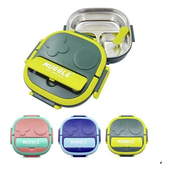 Muggle 500 ml Paslanmaz Çelik Yemek Kabı 3 Bölmeli Beslenme Kabı Lunch Box Yemek Termosu Sefer Tası - Mavi - Görsel 2