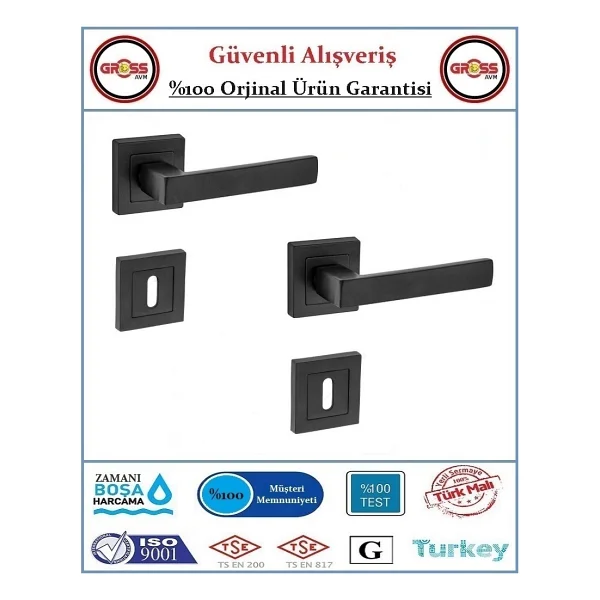 Kare Rozetli Wc Banyo Kapı Kolu - Mat Siyah - 1 Takım Ön ve Arka - Görsel 4