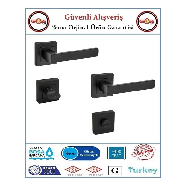 Kare Rozetli Wc Banyo Kapı Kolu - Mat Siyah - 1 Takım Ön ve Arka - Görsel 5