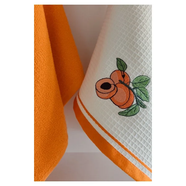 2'li Mutfak Havlusu -%100 Pamuk - Kayısı Nakışlı - 40X60 Cm-Turuncu - 40 x 60 cm - Görsel 3