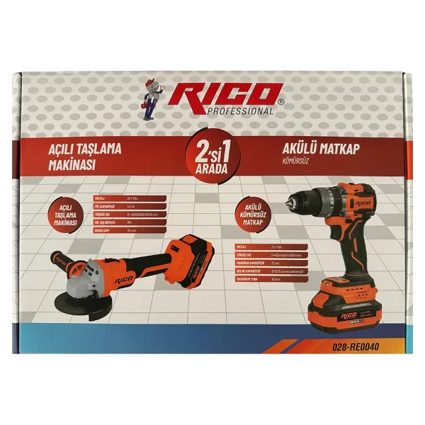 Rico 028-RE0040 Çift Akülü 4 Ah Darbeli Matkap + Avuç İçi Taşlama Elektrikli El Aletleri Seti - Görsel 4