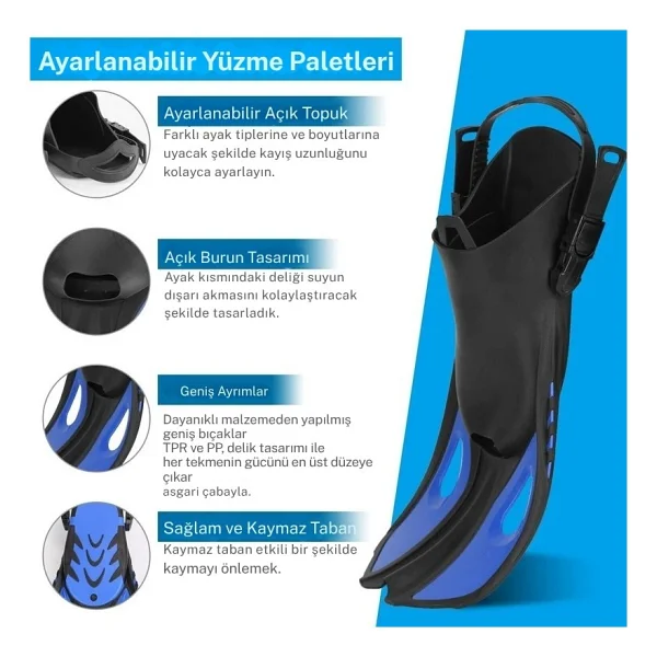 Monozone Yetişkinler Için Şnorkel Takımı 3parça Set,dalış Gözlüğü,şnorkel,ayarlanır Yüzme Paletleri - L - XL - Mavi - Görsel 3