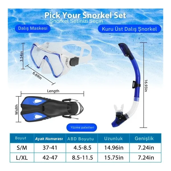 Monozone Yetişkinler Için Şnorkel Takımı 3parça Set,dalış Gözlüğü,şnorkel,ayarlanır Yüzme Paletleri - L - XL - Mavi - Görsel 5