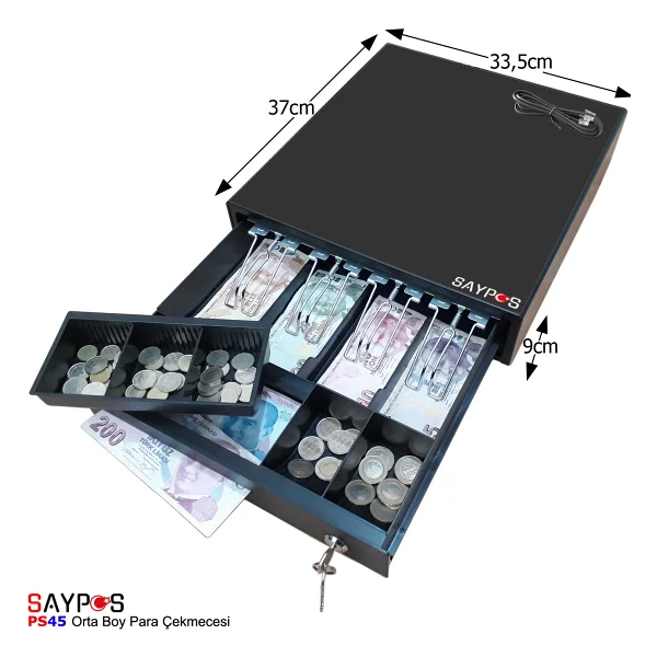 Saypos 4 Banknot Gözlü Yazarkasa Pos Bağlantılı ve Anahtardan Açılır Para Çekmecesi 33,5x37x9cm - Görsel 8