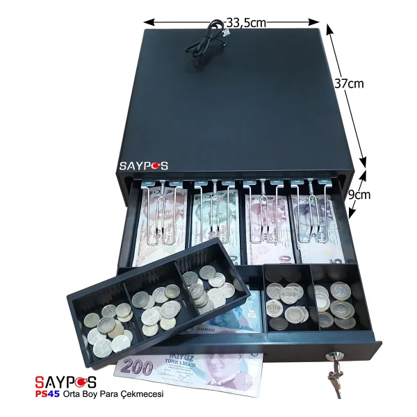 Saypos 4 Banknot Gözlü Yazarkasa Pos Bağlantılı ve Anahtardan Açılır Para Çekmecesi 33,5x37x9cm - Görsel 2