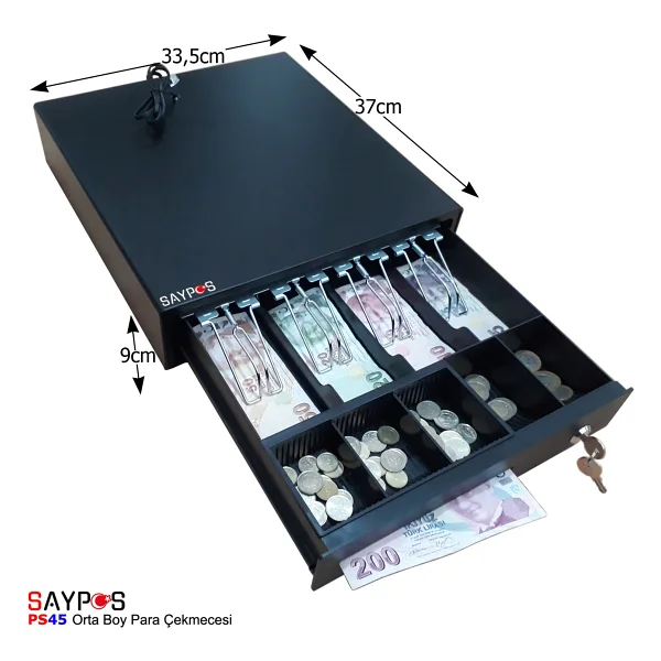 Saypos 4 Banknot Gözlü Yazarkasa Pos Bağlantılı ve Anahtardan Açılır Para Çekmecesi 33,5x37x9cm - Görsel 3