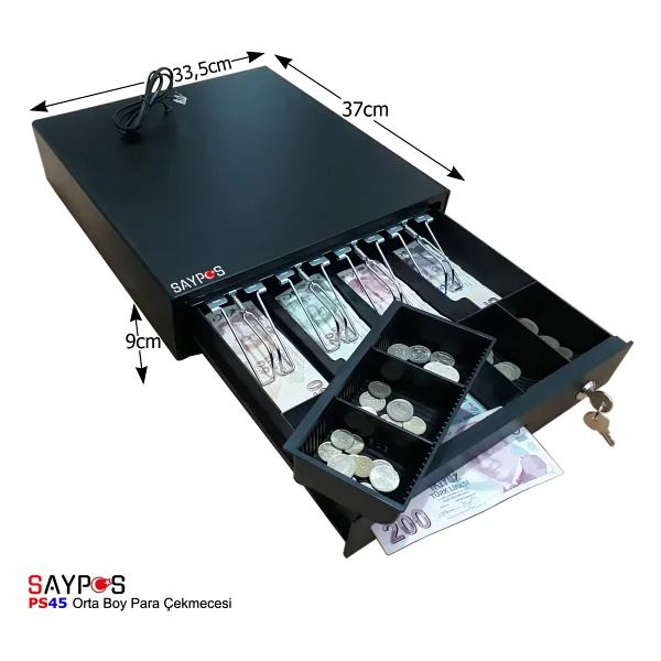Saypos 4 Banknot Gözlü Yazarkasa Pos Bağlantılı ve Anahtardan Açılır Para Çekmecesi 33,5x37x9cm - Görsel 4