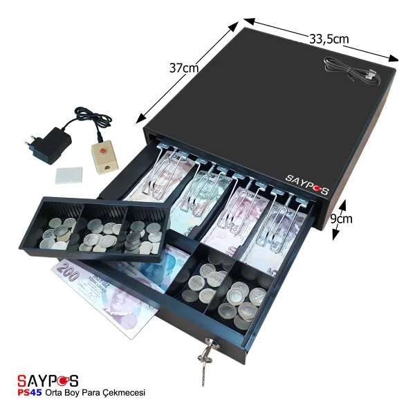 Saypos 4 Banknot Gözlü Kolay Açma Buton ve Adaptörlü, Anahtardan Açılır Orta Boy Para Çekmecesi 33,5x37x9cm - Görsel 8