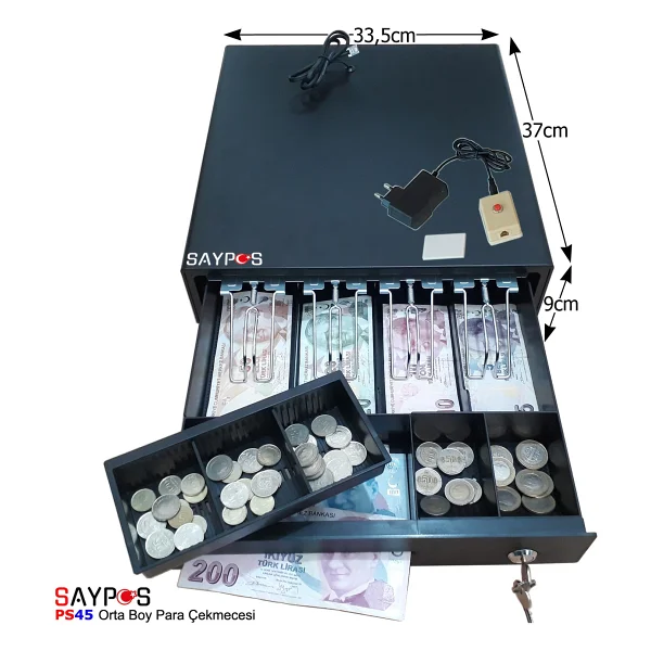 Saypos 4 Banknot Gözlü Kolay Açma Buton ve Adaptörlü, Anahtardan Açılır Orta Boy Para Çekmecesi 33,5x37x9cm - Görsel 2
