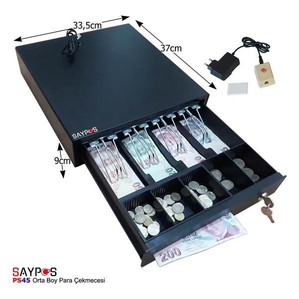 Saypos 4 Banknot Gözlü Kolay Açma Buton ve Adaptörlü, Anahtardan Açılır Orta Boy Para Çekmecesi 33,5x37x9cm - Görsel 3