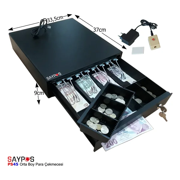 Saypos 4 Banknot Gözlü Kolay Açma Buton ve Adaptörlü, Anahtardan Açılır Orta Boy Para Çekmecesi 33,5x37x9cm - Görsel 4