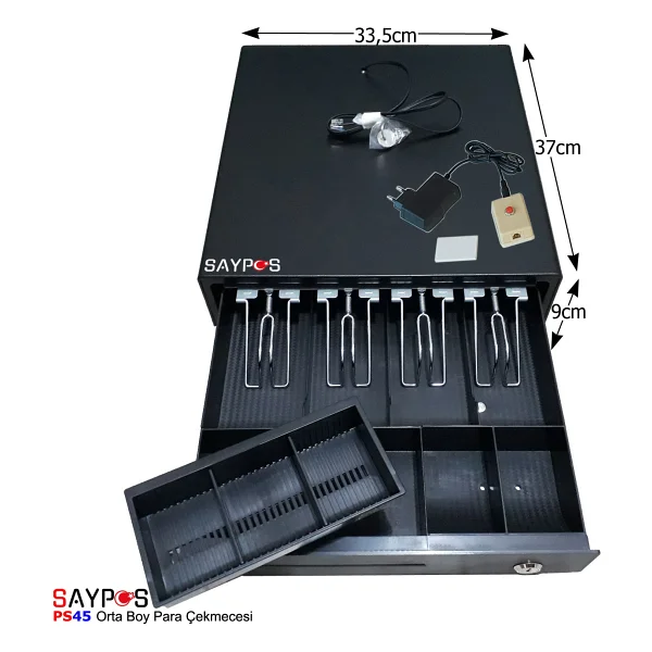Saypos 4 Banknot Gözlü Kolay Açma Buton ve Adaptörlü, Anahtardan Açılır Orta Boy Para Çekmecesi 33,5x37x9cm - Görsel 5