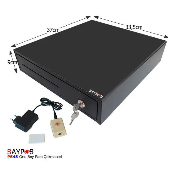 Saypos 4 Banknot Gözlü Kolay Açma Buton ve Adaptörlü, Anahtardan Açılır Orta Boy Para Çekmecesi 33,5x37x9cm - Görsel 6