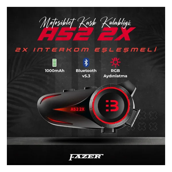 FAZER A52-2X 2 Kişilik Kask Bluetooth Kulaklık Mikrofon Seti - Interkom - Görsel 2
