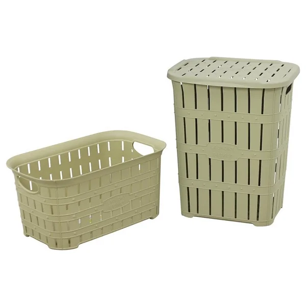 Sağlam Plastik Bambu Görünümlü Kirli Çamaşır Sepeti- Çamaşır sepeti 2'li Set Kahverengi - Görsel 5