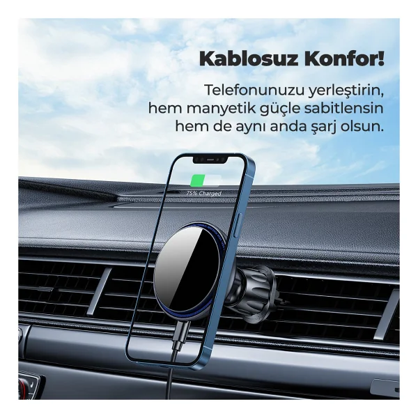 woyax Magsafe Mıknatıslı Kablosuz Şarjlı Kancalı Led Araç Içi Telefon Tutucu Araba Telefon Tutacağı iPhone - Görsel 2