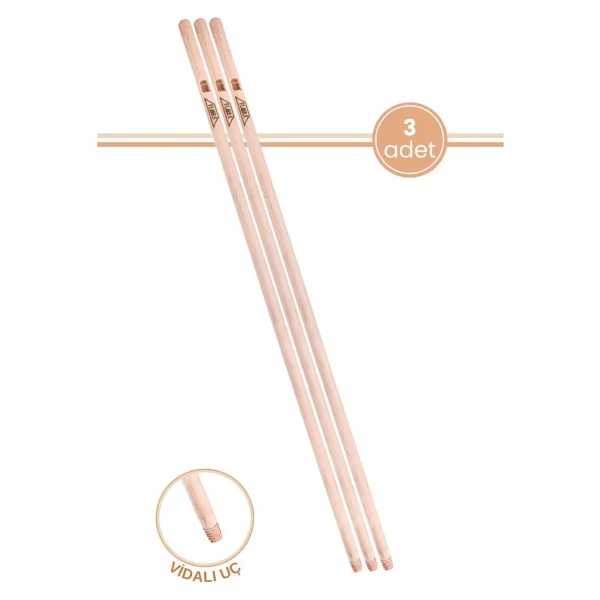 Flora 3 Adet Vidalı Ağaç Sap 120 cm, Çekpas Paspas Fırça Süpürge Mop Sapı Ahşap 3'lü Set (Standart Uç) - Görsel 4