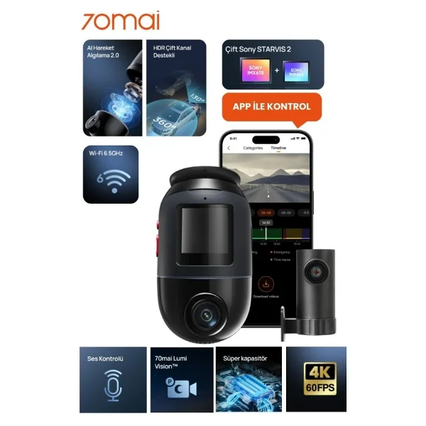70mai Omni X800-2 + RC14 128 GB Ön ve Arka Araç Kamerası Seti - Görsel 3