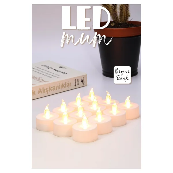 12 Adet LED Mum Tealight Mini Dumansız Pilli Alevli Dekoratif Yapay Mum Işıldak Beyaz 1036-2 - Görsel 10