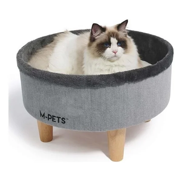 M-Pets Round Elevated 47x47x26 cm Ahşap Ayaklı Gri Kedi Yatağı - Görsel 7