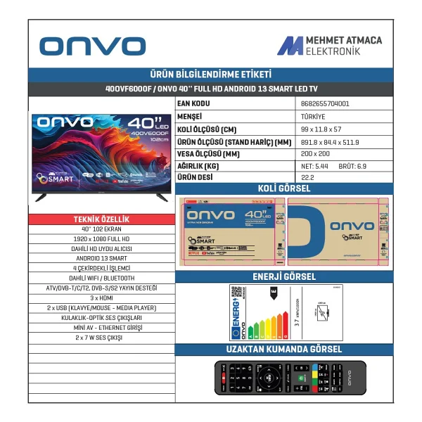 Onvo 40OVF6000F Full HD 40" 102 Ekran Uydu Alıcılı Android Smart LED TV - Görsel 3