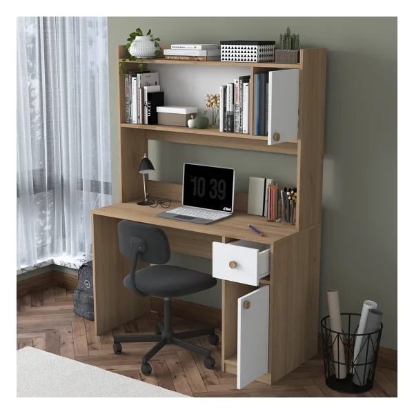 Rani HA127 Kitaplıklı Raflı 2 Kapaklı 1 Çekmeceli Çalışma Ofis Bilgisayar Masası Sepet Ceviz - Beyaz - 120 x 50 x 166 - Görsel 5