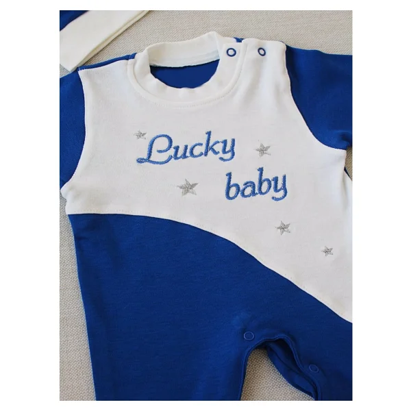 0-3 3-6 Ay Lucky Baby Nakışlı Es Çizgi Boy Şapkalı Erkek Bebek Tulumu - 3 - 6 Ay - Lacivert - Görsel 2