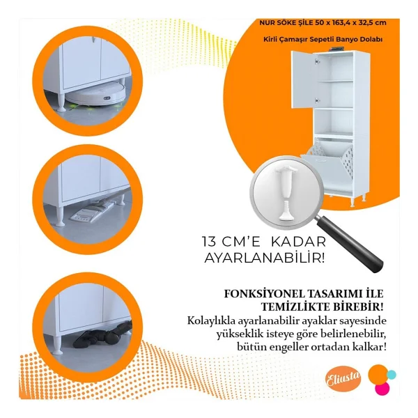 Modilayn 50 x 163,4 x 32,5 cm 2 Kapak Üç Bölmeli Kirli Çamaşır Dolabı Sepetli Banyo Dolabı - Görsel 2