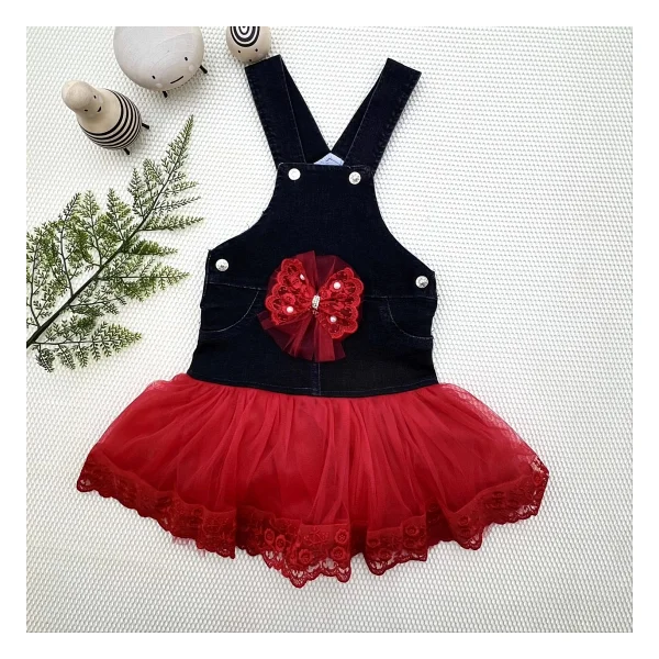 2-3-4 Yaş Fiyonklu Düğme Detaylı Tül Etek Kot Kumaş Salopet Kız Çocuk Elbisesi Siyah-kırmızı - Görsel 5