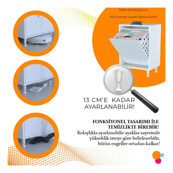 Modilayn Söke 50X75X32,5 cm Kirli Çamaşır Dolabı Sepetli Banyo Dolabı Mutfak Dolabı Çok Amaçlı Dolap - Görsel 2