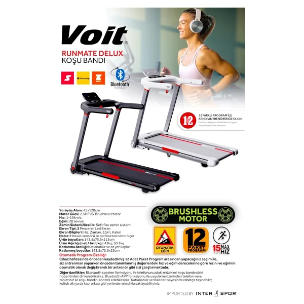 Runmate Delux Koşu Bandı, 20 Kademe Otomatik Eğim, Brushless, Katlanabilir, Bluetooth App, 15km Hız, Programlı - Siyah - Görsel 3