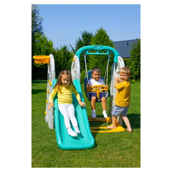 4'ü 1 Arada Çocuk Oyun Parkı - Kaydırak, Salıncak, Barfiks, Basket Potası (124X156X170 Cm) - Sarı - Yeşil - Görsel 2